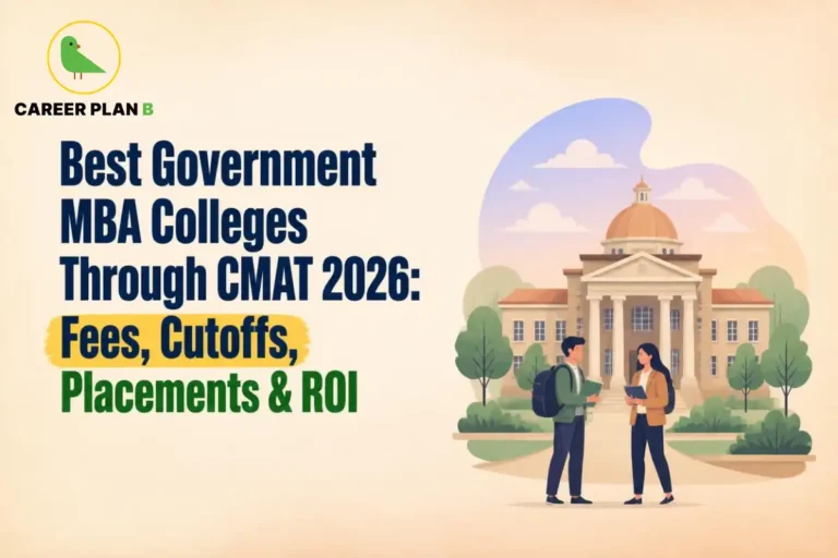 Career Plan B logo with best government MBA colleges through CMAT 2026 showing campus, students, fees, cutoffs, placements, and ROI