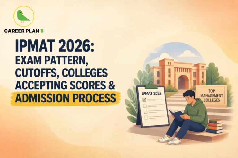 Career Plan B logo with IPMAT 2026 exam pattern, cutoffs, colleges accepting scores, and admission process illustration