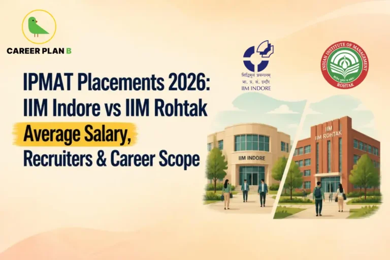Career Plan B logo with IPMAT Placements 2026 comparing IIM Indore and IIM Rohtak average salary, recruiters, and career scope