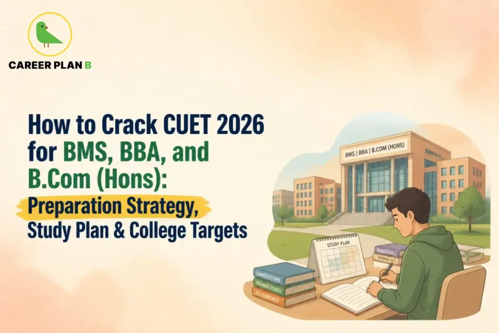 Career Plan B logo with CUET 2026 preparation strategy for BMS, BBA, and B.Com (Hons), featuring a student studying and college campus