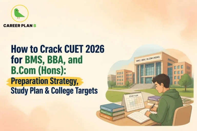 Career Plan B logo with CUET 2026 preparation strategy for BMS, BBA, and B.Com (Hons), featuring a student studying and college campus