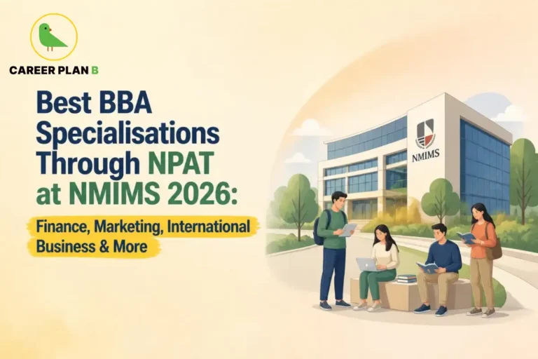 Career Plan B logo with best BBA specialisations through NPAT at NMIMS 2026, featuring Finance, Marketing, International Business, and students outside the NMIMS campus