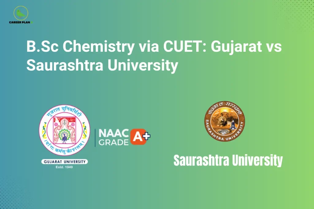 Comparison banner of Gujarat University and Saurashtra University for CUET B.Sc Chemistry, featuring official university logos to help students compare admissions, academics, and career opportunities.