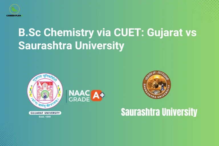 Comparison banner of Gujarat University and Saurashtra University for CUET B.Sc Chemistry, featuring official university logos to help students compare admissions, academics, and career opportunities.