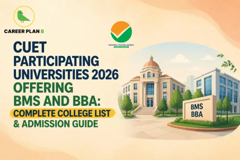 Career Plan B logo with CUET participating universities offering BMS and BBA, featuring a university campus and admission guide illustration