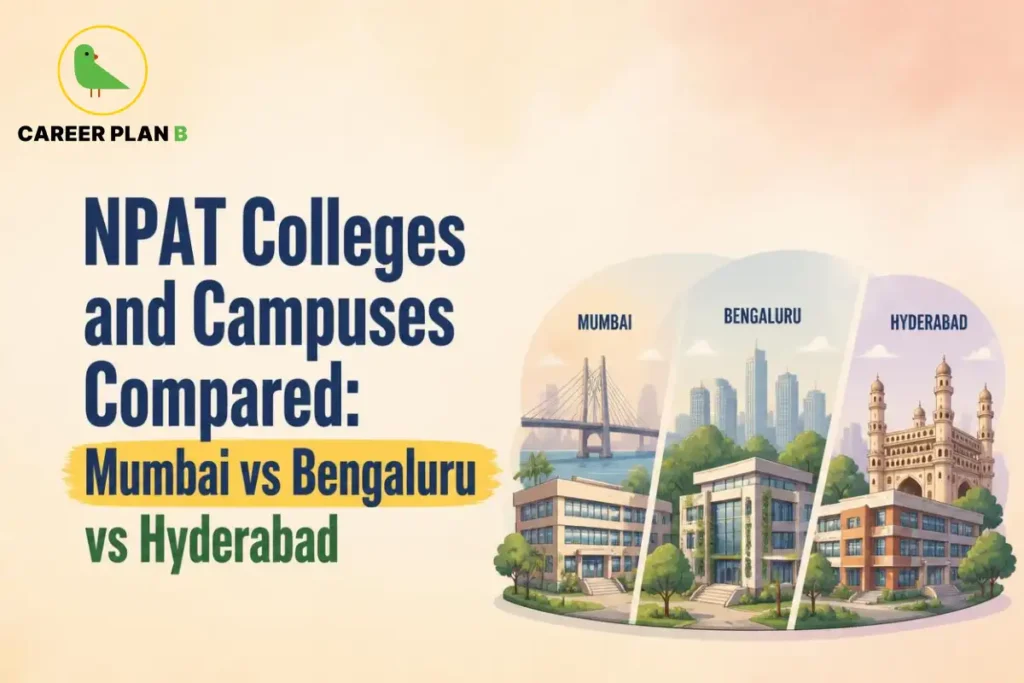 Career Plan B logo with NPAT colleges and campuses compared, showcasing NMIMS Mumbai, Bengaluru, and Hyderabad campuses for BBA admissions