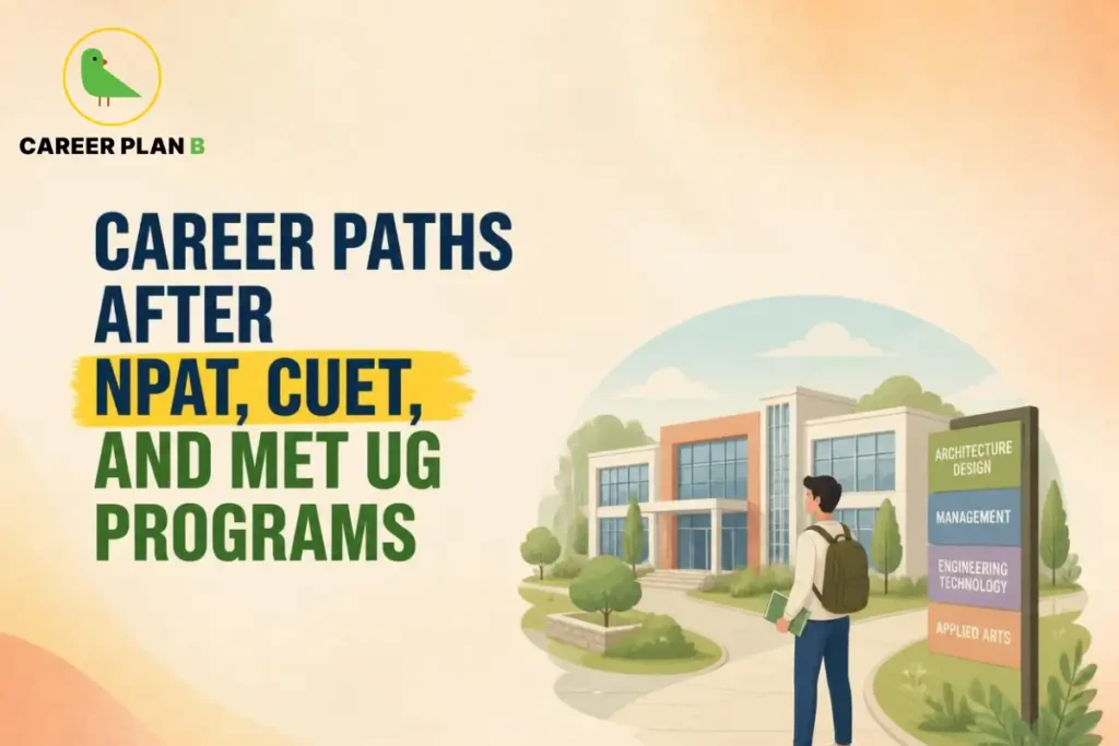 Career Plan B logo with career paths after NPAT, CUET, and MET UG programs, featuring a student on a college campus exploring management career opportunities