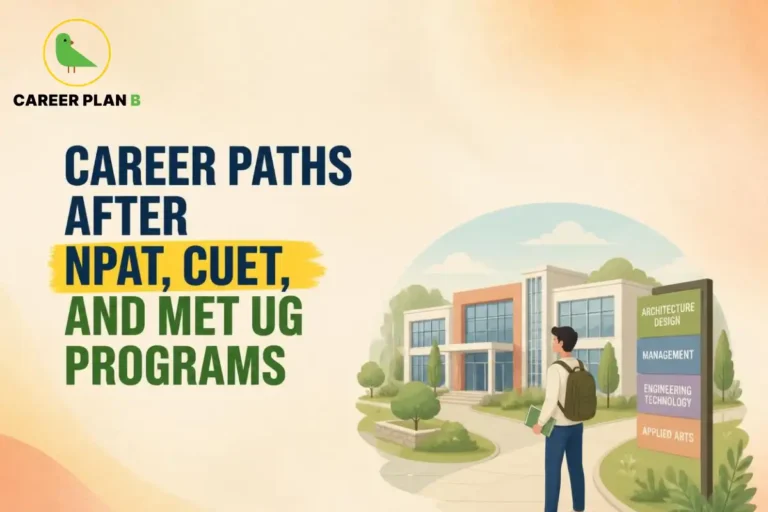 Career Plan B logo with career paths after NPAT, CUET, and MET UG programs, featuring a student on a college campus exploring management career opportunities