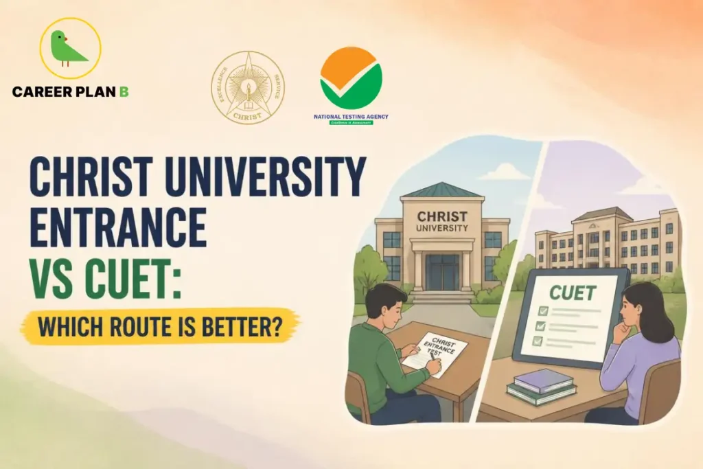 Career Plan B logo with Christ University Entrance vs CUET comparison, featuring Christ University, CUET exam, and students choosing the best BBA admission route