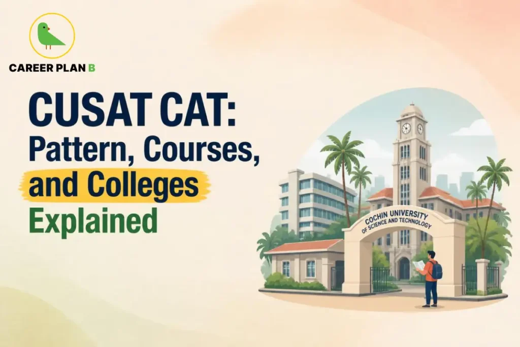 Career Plan B logo with CUSAT CAT pattern, courses, and colleges explained, featuring the Cochin University campus and a student exploring admission opportunities