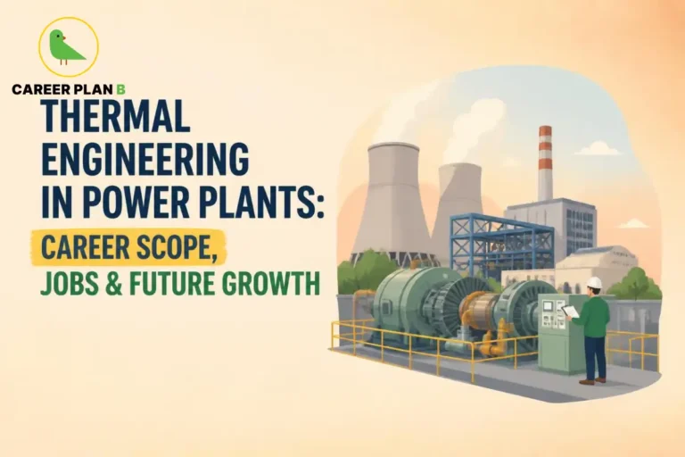 Infographic on thermal engineering in power plants showcasing career scope, job opportunities, future growth, power generation equipment, turbines, and industrial energy systems for engineering students – Career Plan B