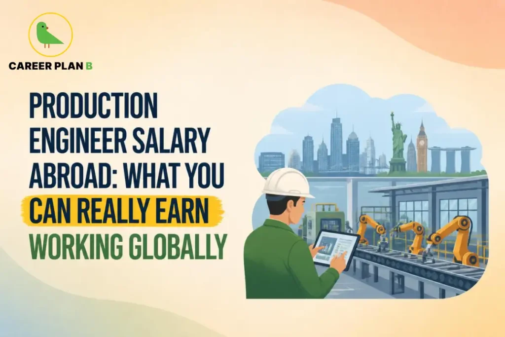 Educational graphic showing production engineer salary abroad, global career opportunities, manufacturing industries, automation, and earning potential in top-paying countries – Career Plan B