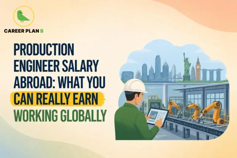 Educational graphic showing production engineer salary abroad, global career opportunities, manufacturing industries, automation, and earning potential in top-paying countries – Career Plan B
