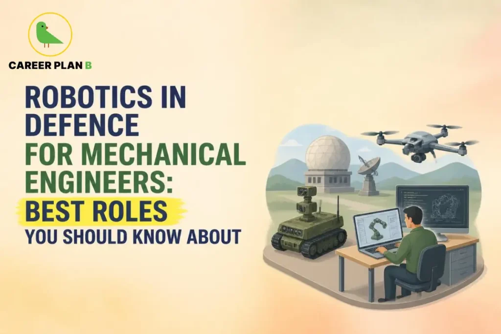 Educational graphic showcasing robotics in defence for mechanical engineers, featuring military robots, drones, automation systems, defence technology, and career opportunities in robotics engineering – Career Plan B