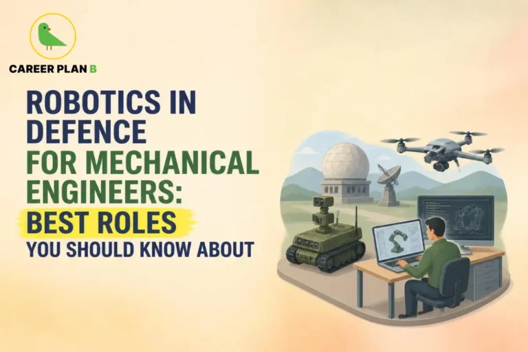 Educational graphic showcasing robotics in defence for mechanical engineers, featuring military robots, drones, automation systems, defence technology, and career opportunities in robotics engineering – Career Plan B