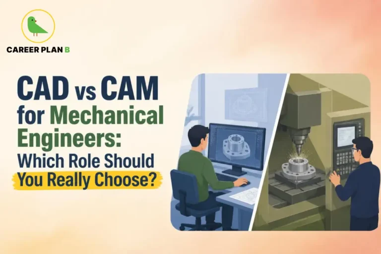 Educational graphic comparing CAD vs CAM for mechanical engineers, featuring computer-aided design, CNC machining, manufacturing processes, engineering roles, and career opportunities – Career Plan B