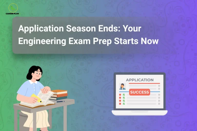 Illustration of a student doing engineering exam preparation next to a laptop featuring the Career Plan B logo.