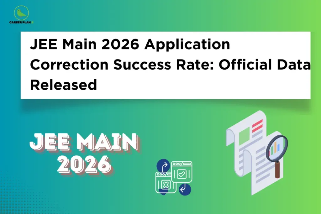 JEE Main 2026 application correction success rate banner with Career Plan B logo and document review illustrations.
