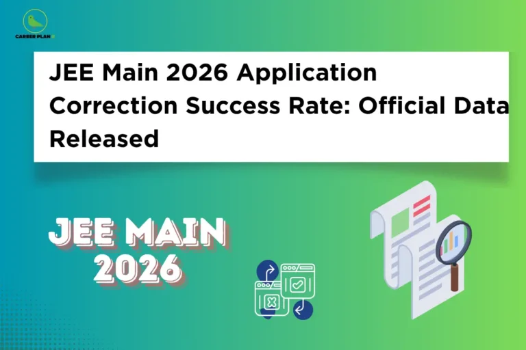 JEE Main 2026 application correction success rate banner with Career Plan B logo and document review illustrations.