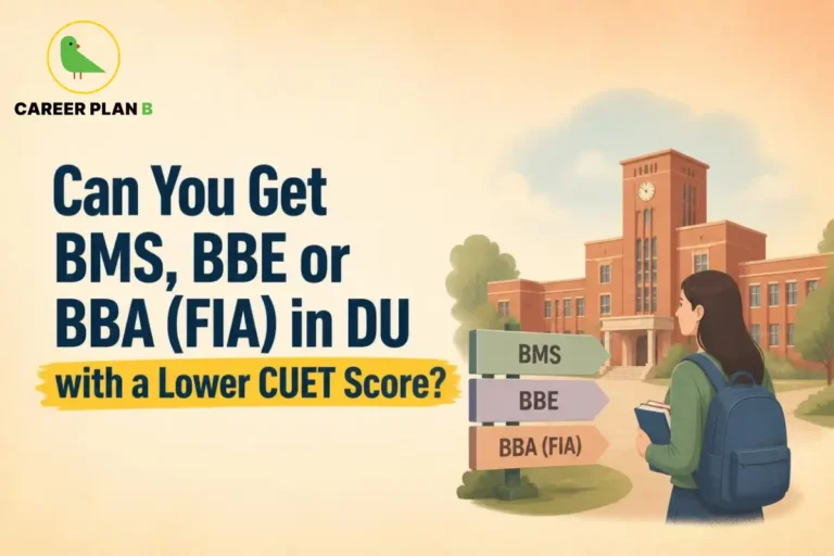 An infographic titled "Can You Get BMS, BBE or BBA (FIA) in DU with a Lower CUET Score?" addressing admissions into du management courses low cuet score, featuring an illustration of a female student with a backpack looking toward a brick campus clock tower on the right, next to a directional signpost highlighting the programs "BMS", "BBE", and "BBA (FIA)", set against a soft beige background.