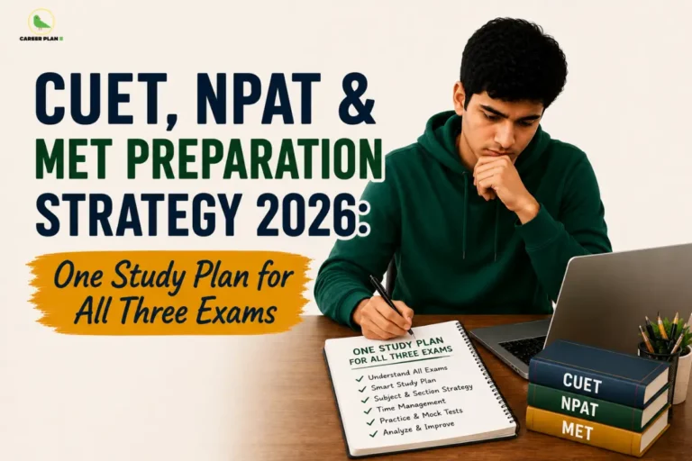 Career Plan B infographic titled "CUET, NPAT & MET Preparation Strategy 2026" featuring a student following a common study plan with subject-wise preparation, mock tests, revision, and time management for all three BBA entrance exams.