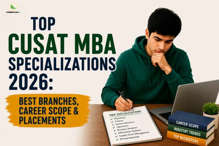 Career Plan B infographic showcasing the top CUSAT MBA specializations for 2026, highlighting the best MBA branches, career scope, placement opportunities, and industry trends.
