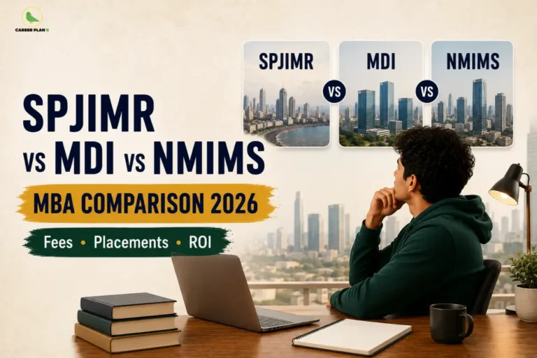 Career Plan B infographic comparing SPJIMR, MDI Gurgaon, and NMIMS Mumbai for MBA admissions based on fees, placements, ROI, rankings, and career opportunities