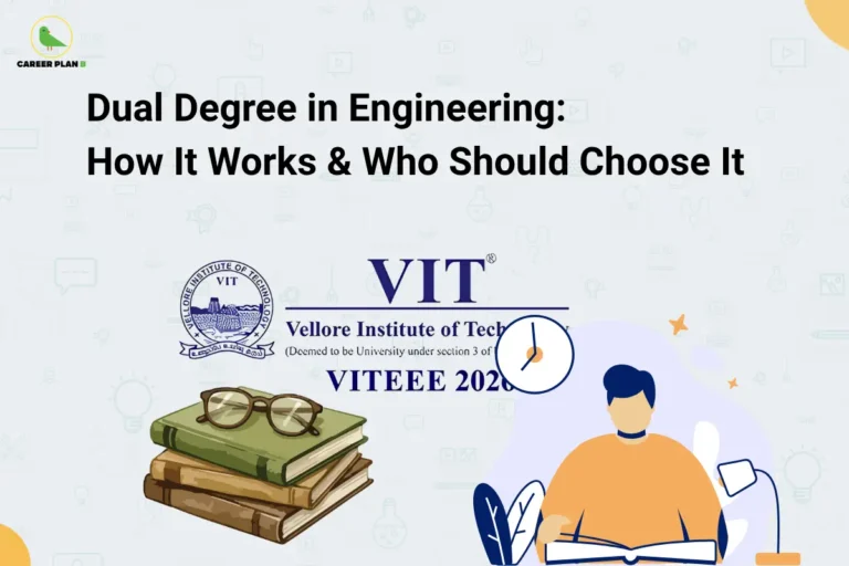 The Career Plan B logo appears in the top-left corner. The headline reads “Dual Degree in Engineering: How It Works & Who Should Choose It” in large bold black text against a light grey background. The illustration includes engineering education-themed elements, such as the VIT (Vellore Institute of Technology) logo, a stack of books with glasses, a clock, and a student studying at a desk. The design represents a guide to dual degree programs in engineering, explaining how these programs work, their academic structure, benefits, eligibility, and the type of students who should consider choosing a dual degree.