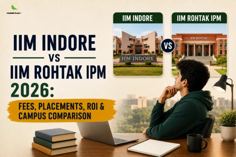 Career Plan B infographic comparing IIM Indore IPM and IIM Rohtak IPM based on fees, placements, ROI, IPMAT, rankings, campus life, and career opportunities.