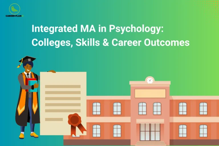 The Career Plan B logo appears in the top-left corner. The headline reads “Integrated MA in Psychology: Colleges, Skills & Career Outcomes” in large bold white text against a blue and green gradient background. The illustration features a graduate holding books beside a degree certificate and a large college building. The design represents a guide to integrated MA in Psychology programs, highlighting colleges, academic opportunities, essential skills, higher education, and future career outcomes for psychology students.
