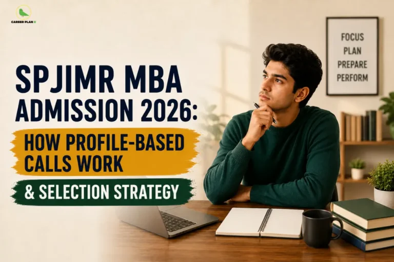 Career Plan B infographic explaining the SPJIMR MBA Admission 2026 process, including profile-based calls, profile-cum-score selection, CAT/GMAT evaluation, and admission strategy