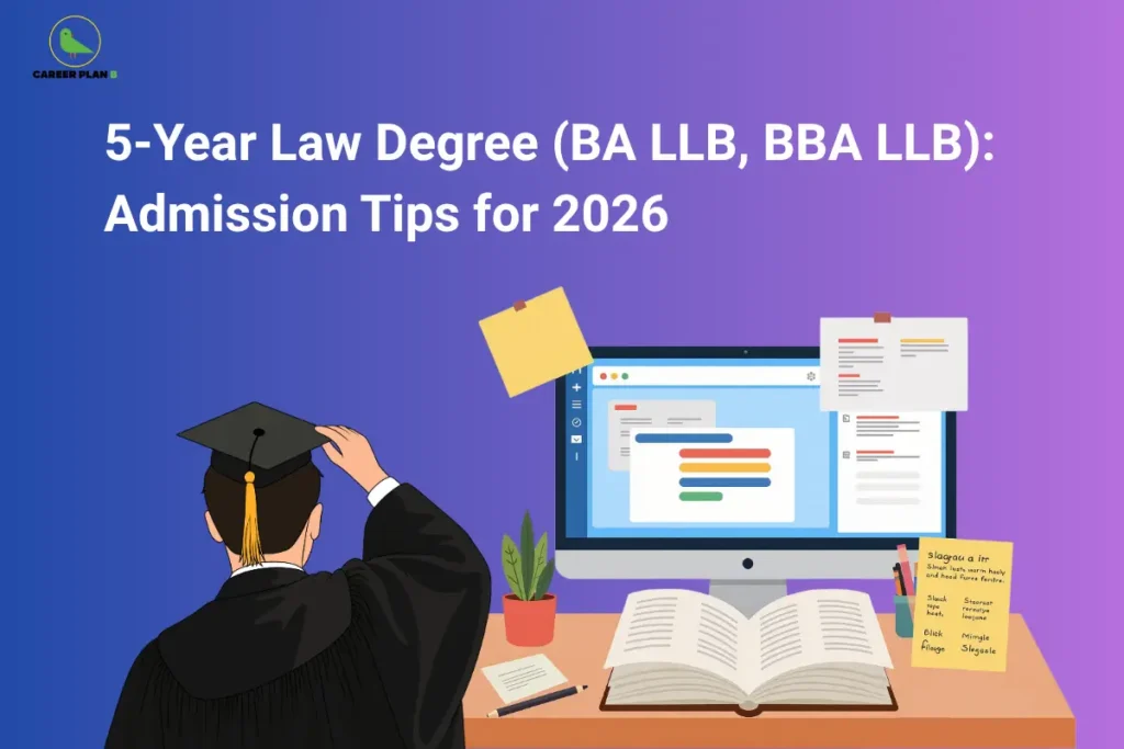 The Career Plan B logo appears in the top-left corner. The headline reads “5-Year Law Degree (BA LLB, BBA LLB): Admission Tips for 2026” in large bold white text against a blue and purple gradient background. The illustration features a graduate in academic attire facing a study desk with a computer, open books, notes, stationery, and a small plant. The design represents a guide to 5-year integrated law degree programs such as BA LLB and BBA LLB, highlighting admission preparation, study planning, eligibility, entrance exams, and tips for students seeking law college admission in 2026.