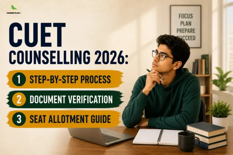 Career Plan B infographic explaining the CUET Counselling 2026 process, including registration, step-by-step counselling, document verification, seat allotment, and admission guidance.