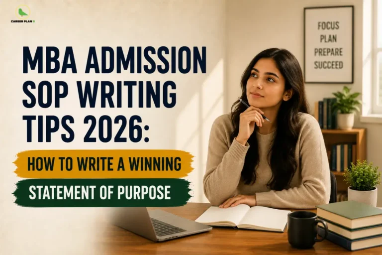 Career Plan B infographic explaining MBA Admission SOP Writing Tips 2026, including how to write a winning Statement of Purpose, format, structure, and admission strategy for top B-schools.