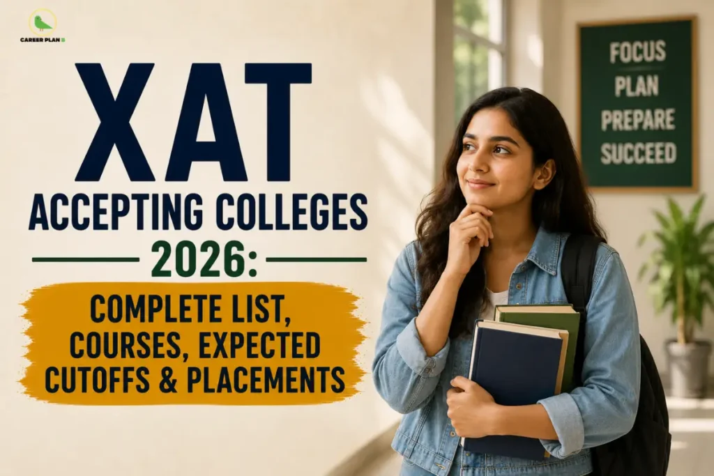 Career Plan B infographic showcasing the top XAT accepting colleges in 2026, including expected cutoffs, MBA and PGDM courses, placements, and admission opportunities across leading business schools.