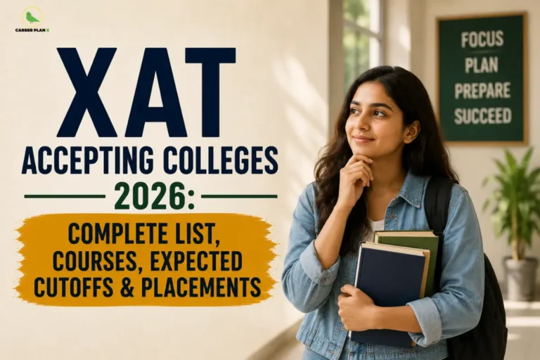 Career Plan B infographic showcasing the top XAT accepting colleges in 2026, including expected cutoffs, MBA and PGDM courses, placements, and admission opportunities across leading business schools.