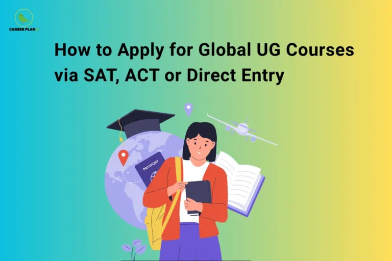 The Career Plan B logo appears in the top-left corner. The headline reads “How to Apply for Global UG Courses via SAT, ACT or Direct Entry” in large bold black text against a blue, green, and yellow gradient background. The illustration features a student holding books in front of a globe, passport, graduation cap, open book, location pins, and an aeroplane. The design represents international undergraduate admissions, SAT and ACT pathways, direct entry options, study abroad opportunities, and the global university application process.