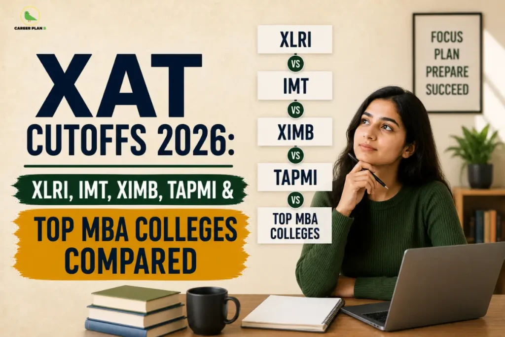 Career Plan B infographic comparing XAT cutoffs 2026 for XLRI, IMT Ghaziabad, XIMB, TAPMI, and other leading MBA colleges with expected percentile ranges and admission insights.