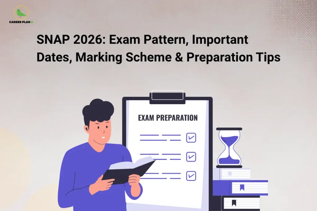 Student reading beside exam preparation checklist and hourglass illustration with Career Plan B logo.