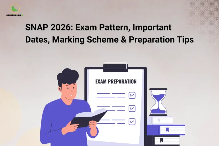 Student reading beside exam preparation checklist and hourglass illustration with Career Plan B logo.