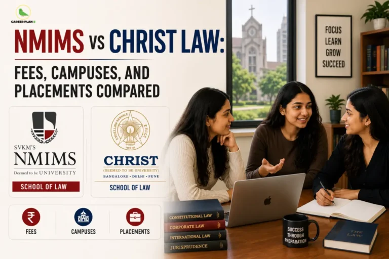 Career Plan B infographic comparing NMIMS School of Law and Christ University School of Law based on fees, campuses, placements, admissions, and career opportunities for law aspirants.