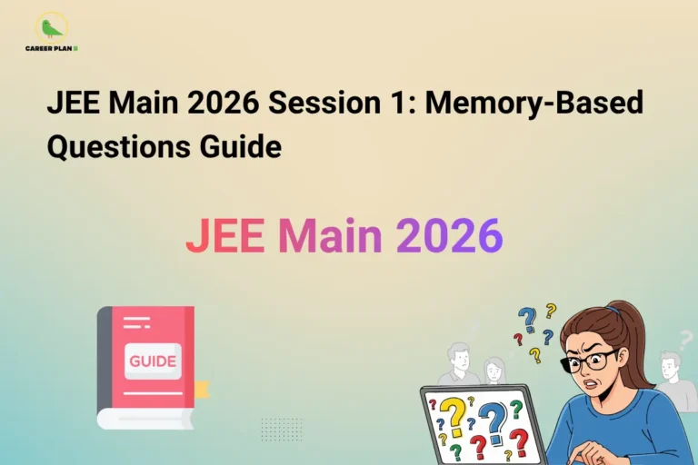 JEE Main 2026 memory-based questions guide banner with Career Plan B logo, guidebook, and confused student illustration.