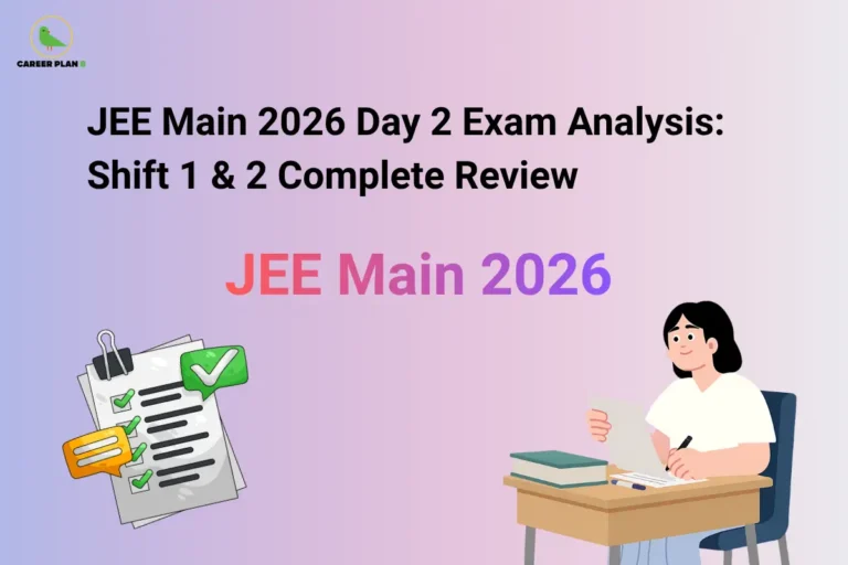 JEE Main 2026 Day 2 exam analysis banner with Career Plan logo, checklist, and student writing at desk.