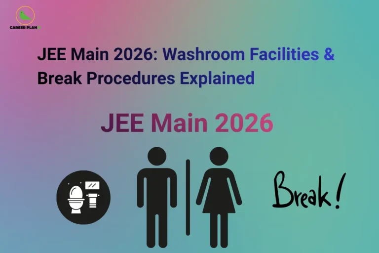 JEE Main 2026 washroom facilities guide with Career Plan B logo, restroom symbols, toilet icon, and break text.