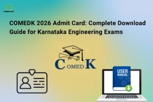 COMEDK 2026 admit card download guide with Career Plan B logo, ID card icon, COMEDK emblem, and laptop illustration.