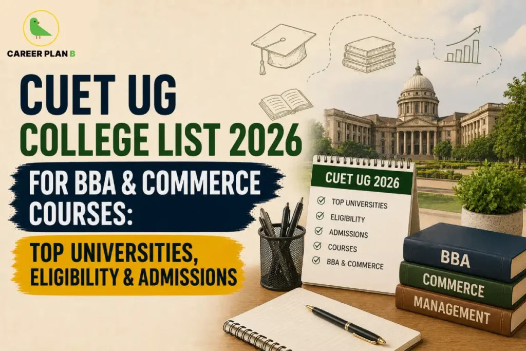 Career Plan B infographic on the CUET UG College List 2026 for BBA and Commerce courses, featuring top universities, eligibility criteria, admission process, and undergraduate programme options.