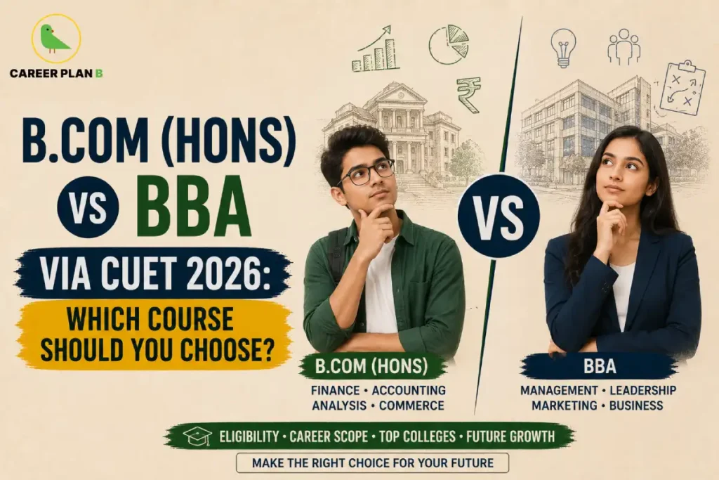 Career Plan B infographic comparing B.Com (Hons) and BBA through CUET 2026, highlighting eligibility, career scope, top colleges, future growth, and the key differences between both courses.