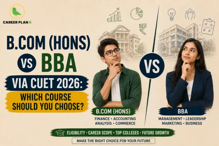 Career Plan B infographic comparing B.Com (Hons) and BBA through CUET 2026, highlighting eligibility, career scope, top colleges, future growth, and the key differences between both courses.