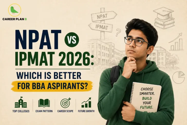 Career Plan B infographic comparing NPAT and IPMAT 2026, including exam pattern, difficulty level, attempts, syllabus, colleges, and admission process for BBA aspirants.