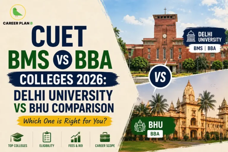 Career Plan B infographic comparing Delhi University BMS and BHU BBA through CUET 2026, highlighting top colleges, eligibility, fees, ROI, career scope, and admissions to help students choose the right management programme.